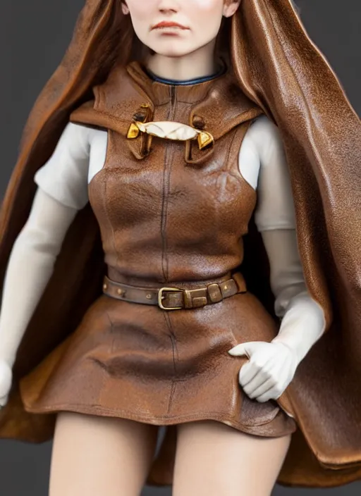 Image similar to 80mm resin detailed miniature of a female alchemist with short brown hair wearing a short dress, white stockings, leather boots and cape, Product Introduction Photos, 4K, Full body