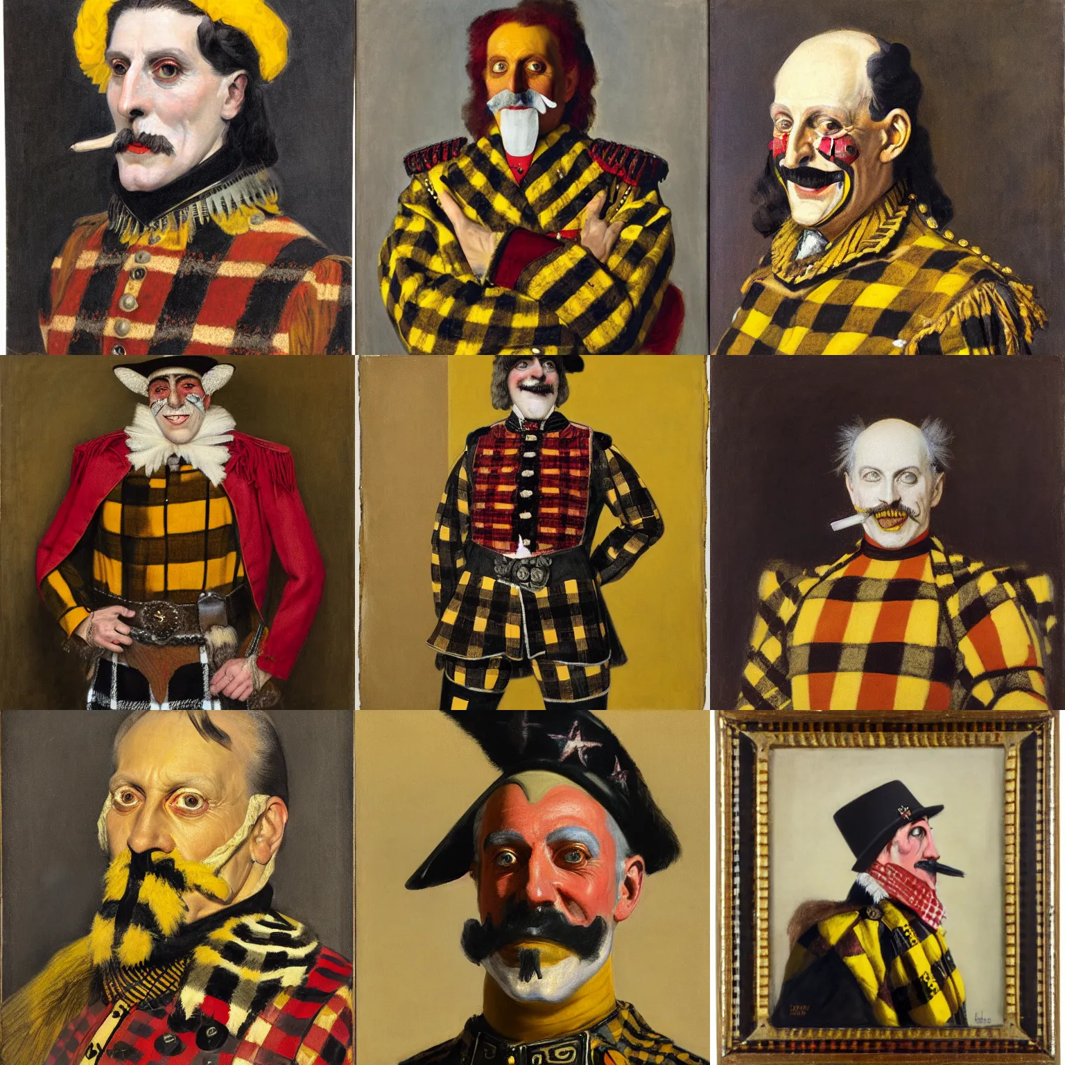 Prompt: portrait of grinning hussar wearing plaid, in the style of american realism ( 1 9 1 1 ), yellow ochre, ( ivory black ), vermillion, and titanium white