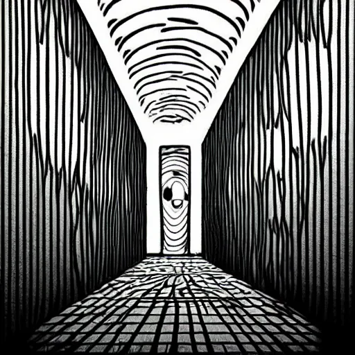 Prompt: “A creepy bright white hallway by Junji Ito”