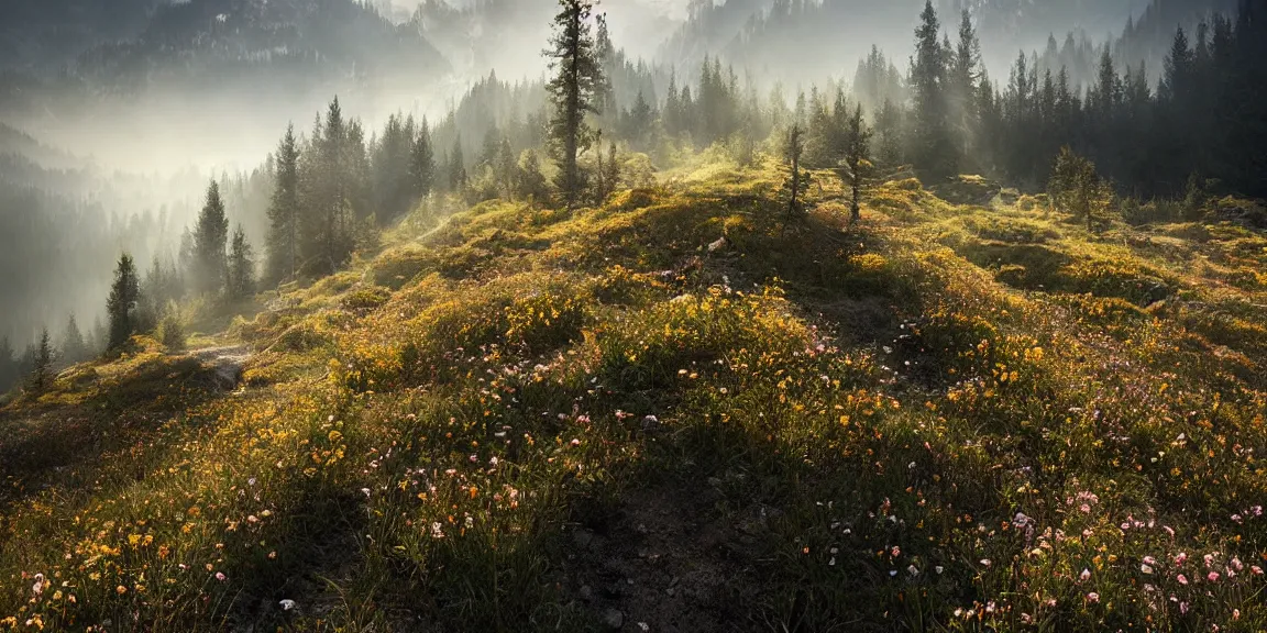 Image similar to Alpine rocky clearing in Austria, a few firs shooting up from the rocky landscape. Many wildflowers, bright, somewhat foggy. Afternoon glow. Trending on Artstation, deviantart, worth1000. By Greg Rutkowski. National Geographic and iNaturalist HD photographs