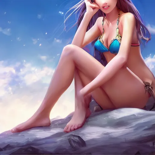 Image similar to a giant macro very beautiful young c. c. sitting on a micro house, full body, long wavy hair, sky blue eyes, full round face, bikini, miniskirt,, cinematic wallpaper by stanley artgerm lau