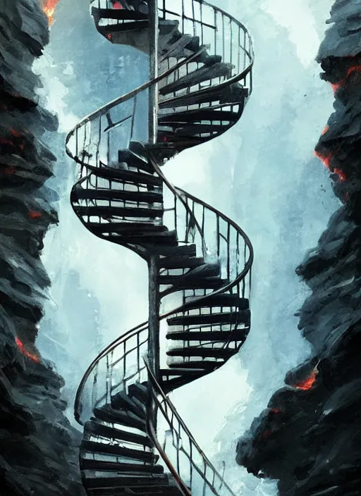 Image similar to spiral staircase leading to a river of lava pouring out of my eyes, masterpiece, amazingly rendered, subtle glows, balanced, painted by greg rutkowski, wlop, artgerm, japanese influence,