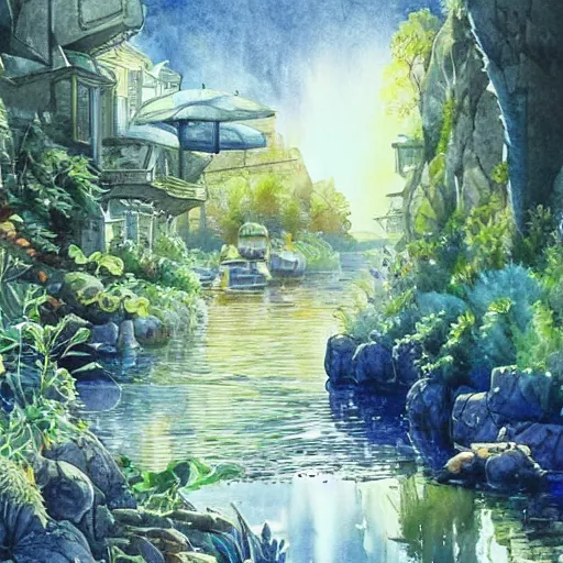 Image similar to Beautiful happy picturesque charming sci-fi town in harmony with nature. Beautiful light. Water and plants. Nice colour scheme, soft warm colour. Beautiful detailed artistic watercolor by Lurid. (2022)