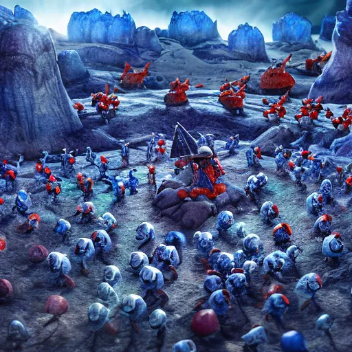 Image similar to hundreds of blue smurfs fighting hundreds of red smurfs with medieval weapons battling on an epic battlefield with a desolate rocky plateau, moon shining golden light, miniaturecore, supremely digital, medieval, pixar render, super detailed, outstanding detail, dreamlike lighting, god rays