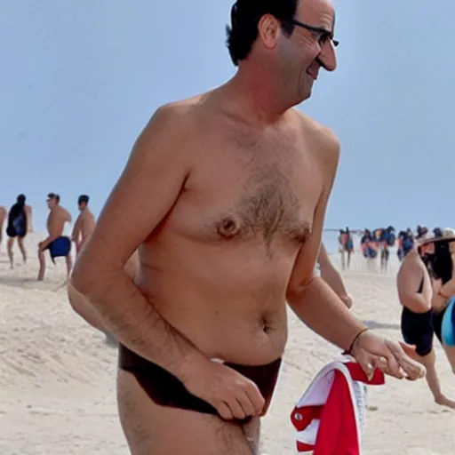 Image similar to François Hollande in a swimsuit of borat in the show Baywatch