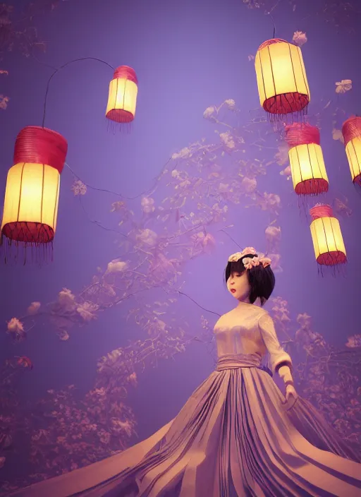 Image similar to japanese village with paper lanterns, angle view of anthropomorphic octopus woman wearing a flowing light lavendar couture dress with puffy sleeves made of paper, paper orchid flowers, heavenly light, 3 d, very detailed, octane render, trending artstation, artgem