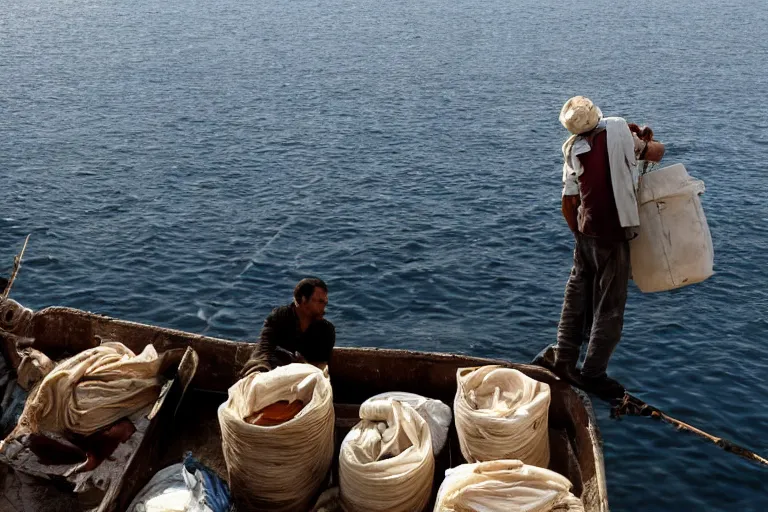 Image similar to cinematography Greek fisherman loading their boat by Emmanuel Lubezki