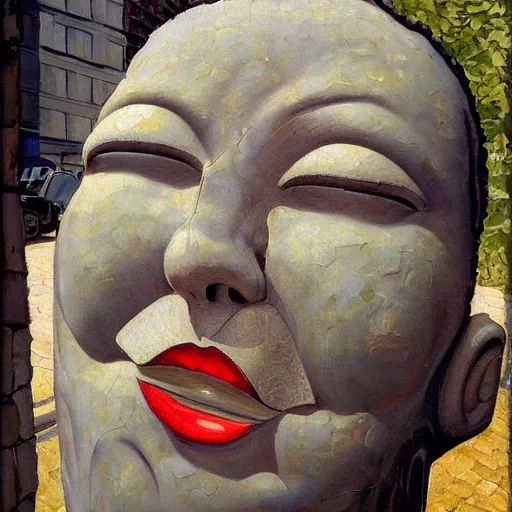 Image similar to churning by erin hanson, by paul gustave fischer body art. a street art of a large granite boulder carved to resemble a human face. the nose is slightly upturned, & the eyes & mouth are closed.