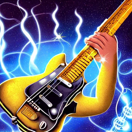 Prompt: a BB King guitarist playing so intensely there is electricity shooting out from his guitar, energy beams under his finger tips, and magic sparkles from the freboard, amazing ditial art, trending on artstation, featured on deviantart