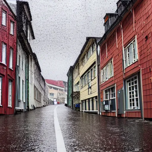 Prompt: picture of a street in bergen, norway, raining, spring