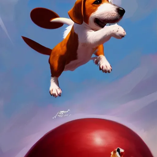 Image similar to adorable jack russel terrier jumping over a red exercise ball, fantasy art, artstation character design contest winner, trending on cgsociety, concept art, speedpaint, beautiful digital art, jesper ejsing, james jean, justin gerard, fenghua zhong, makoto shinkai, highly detailed