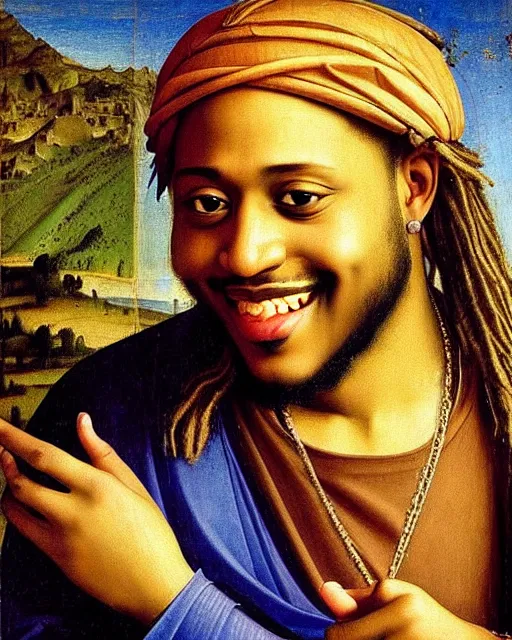 Image similar to rapper juice wrld legend rockstar smiling with medium dreadlocks by fra angelico renaissance painting