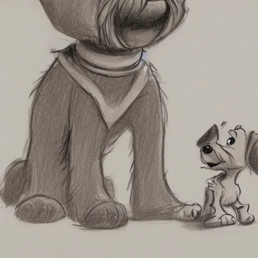 Image similar to milt kahl pencil sketch of happy mini schnauzer cartoon lady and the tramp style