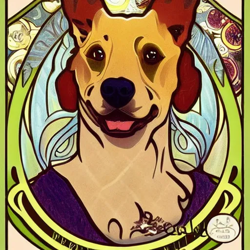 Prompt: a cute dog in the style of alphonse mucha