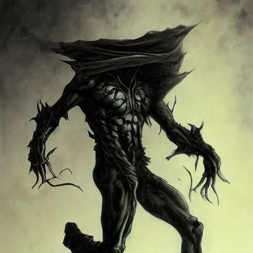 Image similar to wraith, undead, dynamic pose, skull, terrifying, dark, fog, art by brom