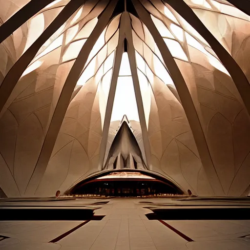 Prompt: interior of a futuristic lotus temple with gold, red and white marble panels, in the desert, by buckminster fuller and syd mead and zaha hadid, intricate contemporary architecture, photo journalism, photography, cinematic, national geographic photoshoot