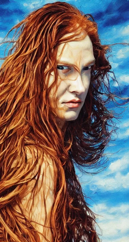 Prompt: hyperrealism oil painting, extreme close-up, portrait of ginger fashion model, very long hair, melted cyborg, ocean pattern mixed with star sky, in style of classicism mixed with 70s japan book art