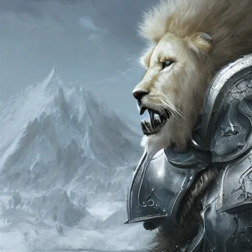 Image similar to a beautiful award winning commission of a male anthro albino lion dressed in skyrim armour,digital art,art by greg rutkowski,character design by charles bowater,ross tran,photorealistic,highly detailed,detailed face,4k,dramatic,deviantart,artstation