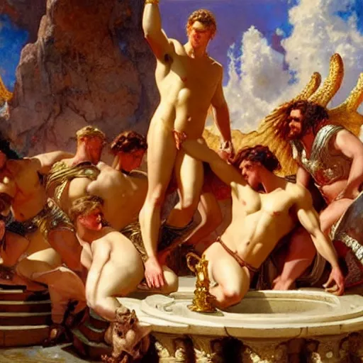 Prompt: down syndrome ares and hercules hit dabs in front of zeus the ruler of olympus, heavenly marble, ambrosia served on golden platters, painting by gaston bussiere, craig mullins, j. c. leyendecker, tom of finland