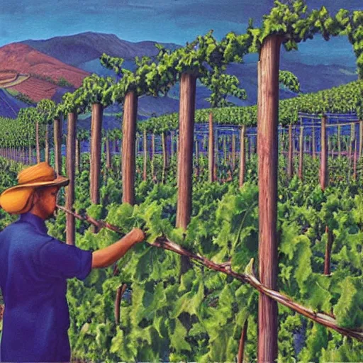 Image similar to Hyperrealism traditional austian vineyard work, painting by MC Escher