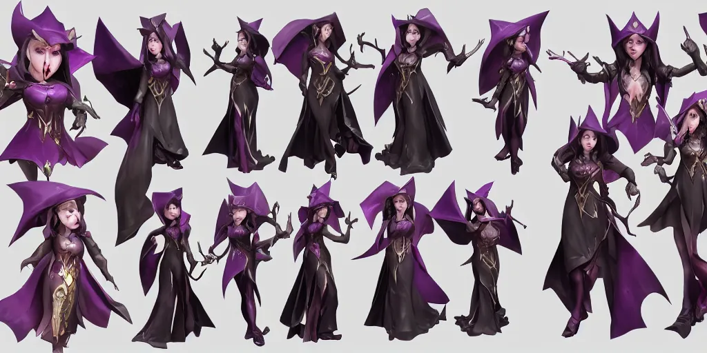 Image similar to Character sheet of prestige coven leblanc (League of Legends). 3d render, octane render, game art, realistic, highly detailed, trending on artstation, 4k, trending on artstation, pixar, cgsociety, unreal engine 5, redshift render, trending on artstation, blender, behance, cg