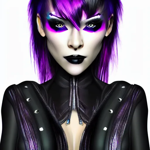 Prompt: a ultra detailed cyber girl with violet punk hair, ultra realistic wild face and wild eyes