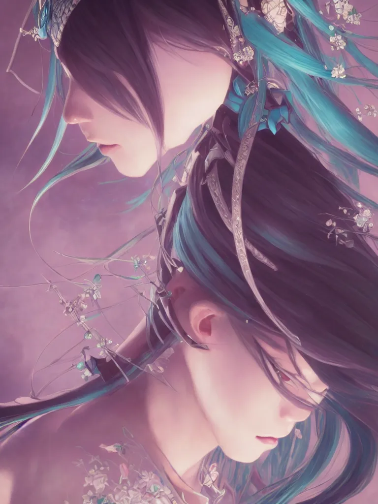 Image similar to Hatsune Miku, closeup, D&D, fantasy, intricate, elegant, highly detailed, digital painting, artstation, concept art, matte, sharp focus, illustration, art by Artgerm and Greg Rutkowski and Alphonse Mucha