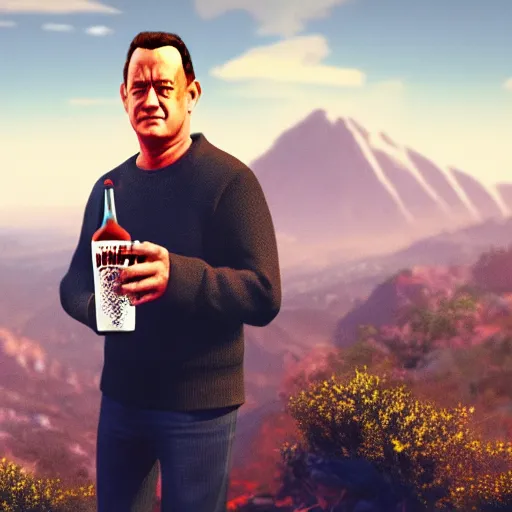 Image similar to Tom hanks at the top of a mountain, scenic view, holding a beer!!, digital art, gta 5 cover art, trending on artstation