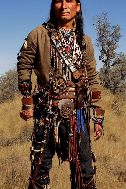 Image similar to thin native american indian man in his early 3 0 s, wearing traditional cargo buckskin jacket buckskin tactical toolbelt pockets bandolier full of trinket and baubles, steampunk arcane shaman, deadlands, weird western, by steve henderson, sandra chevrier, alex horley