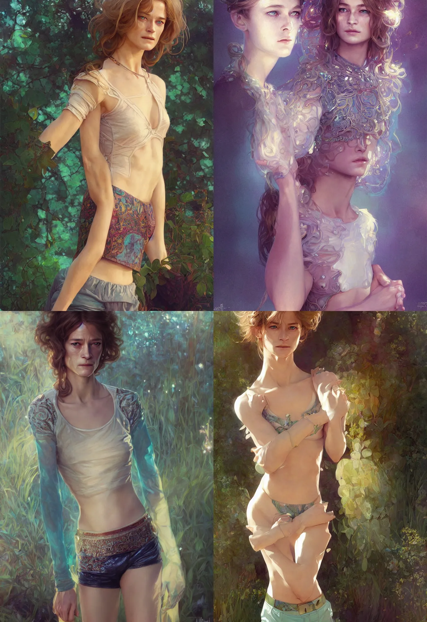 Prompt: beautiful very detailed portrait of !young charlotte rampling!, bioluminscent crop top and shorts, HYPER REALISTIC, by krenz cushart and mucha and trnyteal and ra-lilium