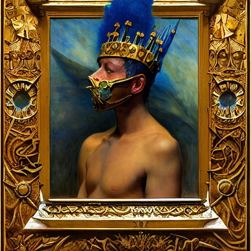 Image similar to the masked prince wearing the plasma crown, by Annie Swynnerton and Diego Rivera and Elihu Vedder, symbolist, dramatic lighting, elaborate geometric ornament, tattoos, Art Brut, soft cool colors,smooth, sharp focus, extremely detailed, Adolf Wölfli and Donato Giancola