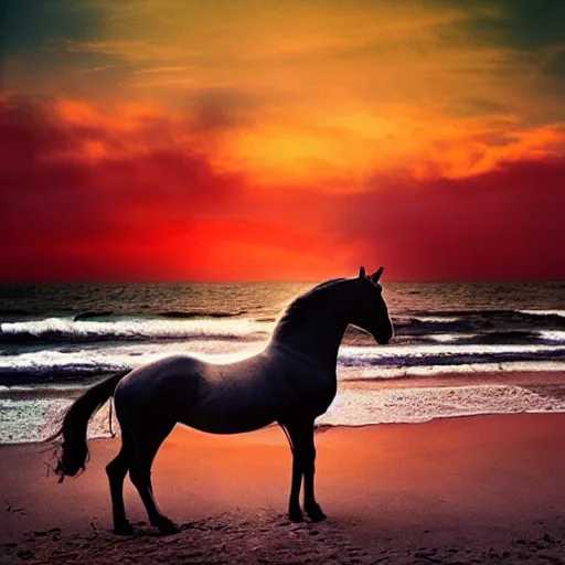 Image similar to epic glorious war horse on the beautiful beach during sunset, david lachapelle, old photo, vintage