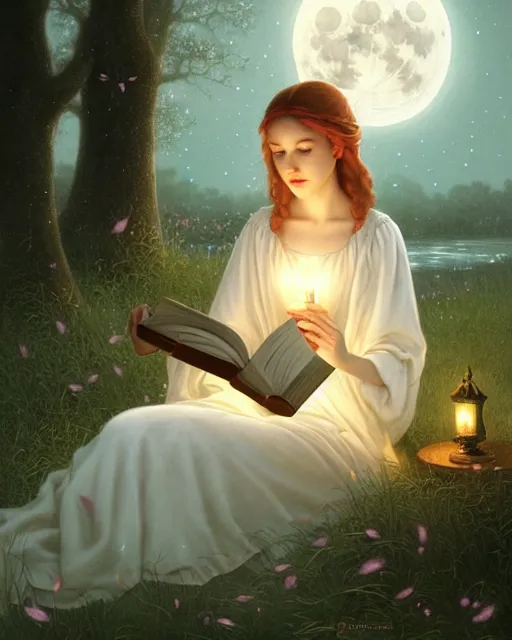 Image similar to girl in white nightgown reading a book by the river, a full moon on the horizon, dark starry sky, dreamy fantasy ambience with golden orbs and fireflies, detailed gothic illustration bright moon light, by edmund blair leighton, brom, charlie bowater, trending on artstation, faces by tom bagshaw, otto schmidt