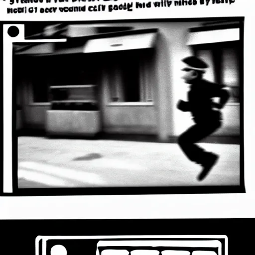 Image similar to mario running from the cops, cctv camera footage, camera footage, blurry camera footage, black and white