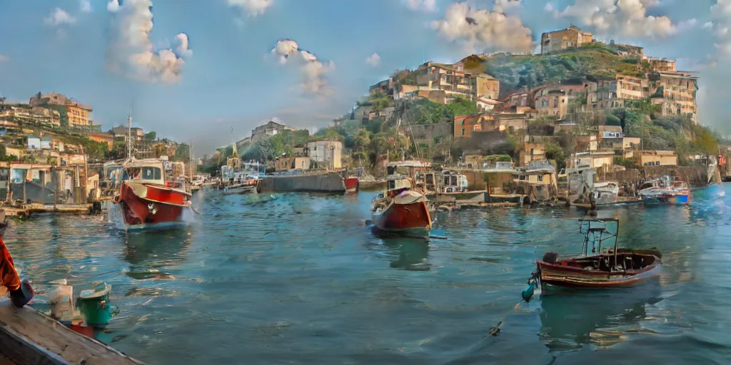 Image similar to a film still of fishing harbour in a small Italian seaside village, medium shot, waist up, studio Ghibli, Pixar and Disney animation, sharp, Rendered in Unreal Engine 5, anime key art by Greg Rutkowski, Bloom, dramatic lighting