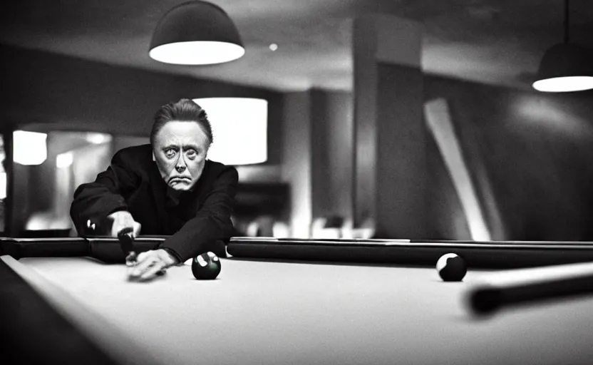 Prompt: Christopher Walken playing billiards and smoking a cigarette in the style of Annie Leibovitz, medium format digital camera, full color, soft lighting, dark, moody, shallow depth of field, highly detailed, photorealistic,