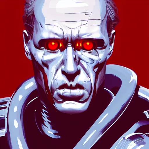 Image similar to James Cameron as the T-800 Terminator, the terminator robot looks exactly like James Cameron, eyes glowing red, ambient lighting, 4k, anime key visual, lois van baarle, ilya kuvshinov, rossdraws, artstation