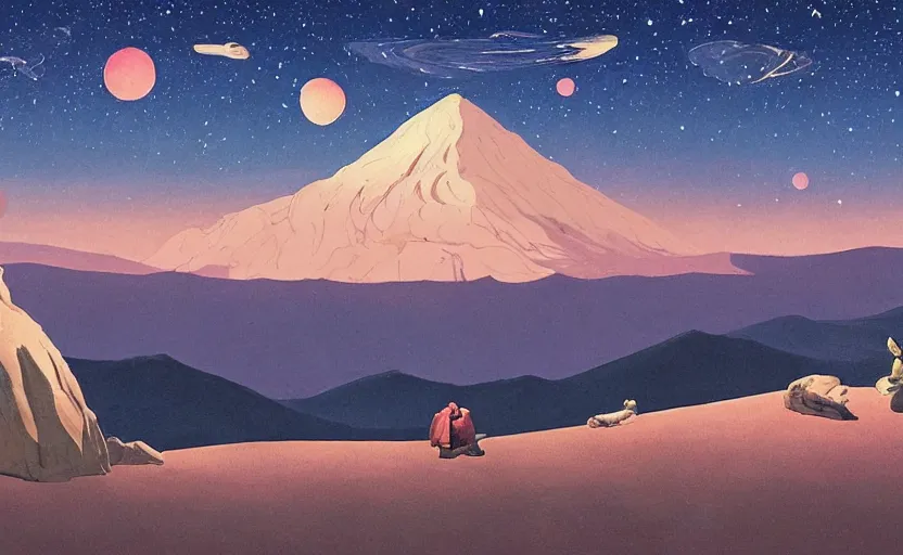 Image similar to mountains, stars and paisley filled sky, artstation, intricate, highly detailed, digital painting, concept art, sharp focus, illustration by Edward Hopper and Roger Dean and Piero della Francesca and Yves Tanguy and Michael Whelan and Jean Claude Mézières and Enki Bilal and Benjamin Lacombe and Megan Duncanson and Tom Whalen and Charles Williams