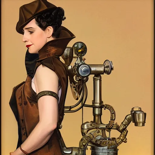 Prompt: in the style of J. C. Leyendecker:: steampunk Alison Brie working on a machine:: sunrise beautiful day:: diffuse lighting