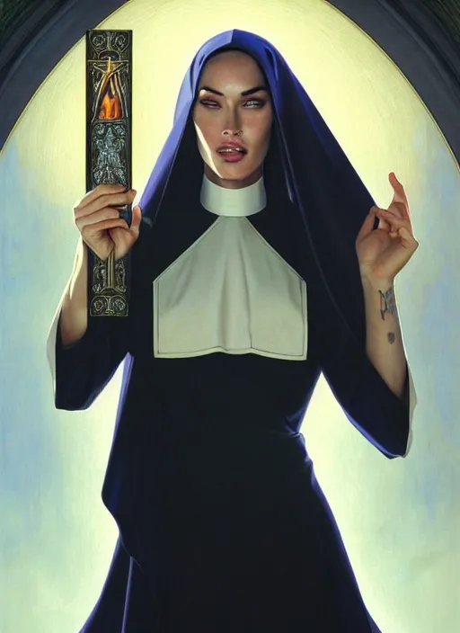 Image similar to portrait of megan fox as a hot and sultry nun, catholic, church, bible, christian, intrigante, headshot, highly detailed, digital painting, artstation, concept art, sharp focus, cinematic lighting, illustration, art by artgerm and greg rutkowski, alphonse mucha, cgsociety