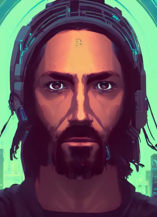 Image similar to « a portrait of a cyberpunk jesus, a character portrait by paul kelpe, reddit contest winner, sots art, ilya kuvshinov, 2 d game art, parallax »