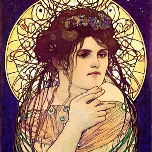 Image similar to salome among the stars beautiful detailed romantic art nouveau face portrait by alphonse mucha and gustav klimt, hauntingly beautiful refined moody celestial dreamscape