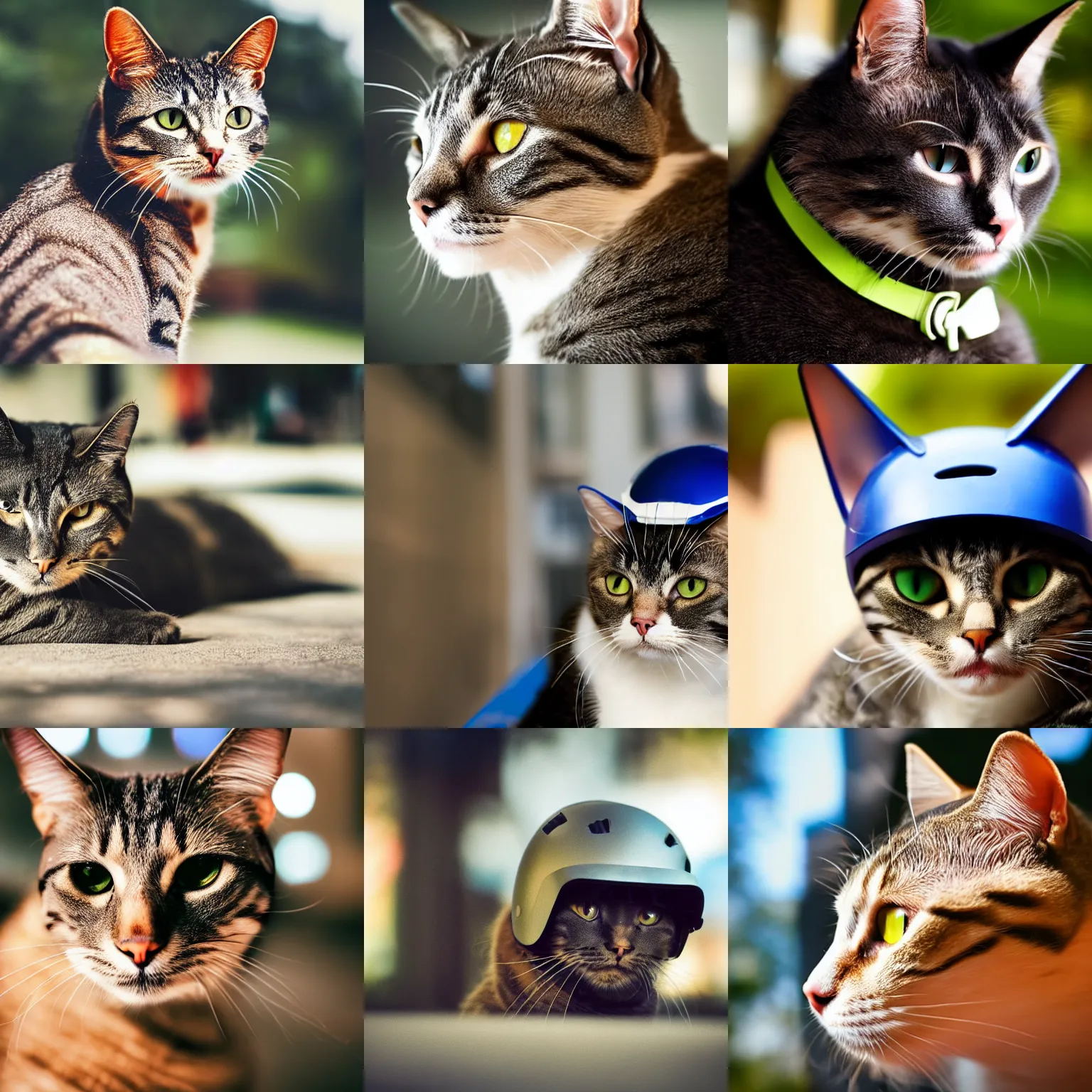 Prompt: a cat with helmet, bokeh, low angle