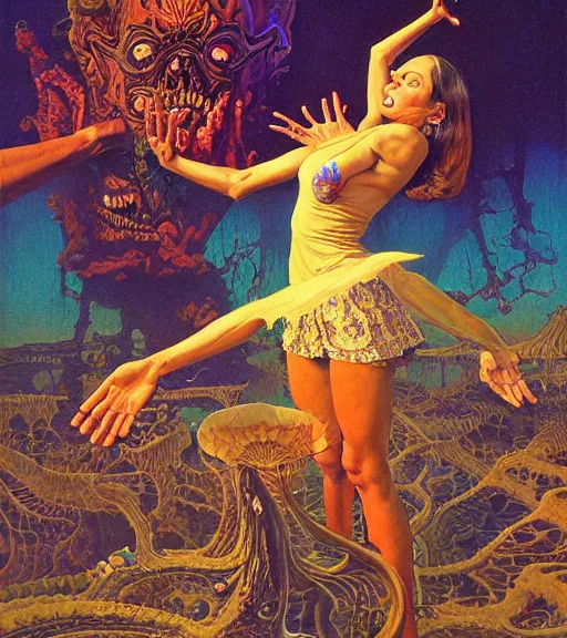 Prompt: fantastic extraordinary beautiful women cutting reality through psychedelic demensions, mid shot, norman rockwell, tim hildebrandt, viktor safonkin, dariusz zawadzki, bruce pennington, larry elmore, intricate details, hyperrealistic oil painting on canvas, deep depth field