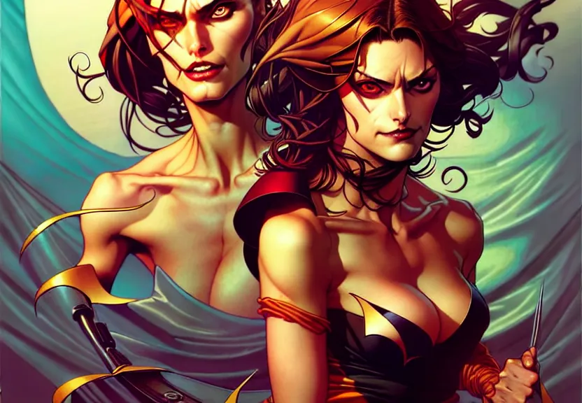 Image similar to artgerm, joshua middleton comic cover art, pretty pirate phoebe tonkin smiling, full body, symmetrical eyes, symmetrical face, long curly black hair, on a pirate ship background, warm colors