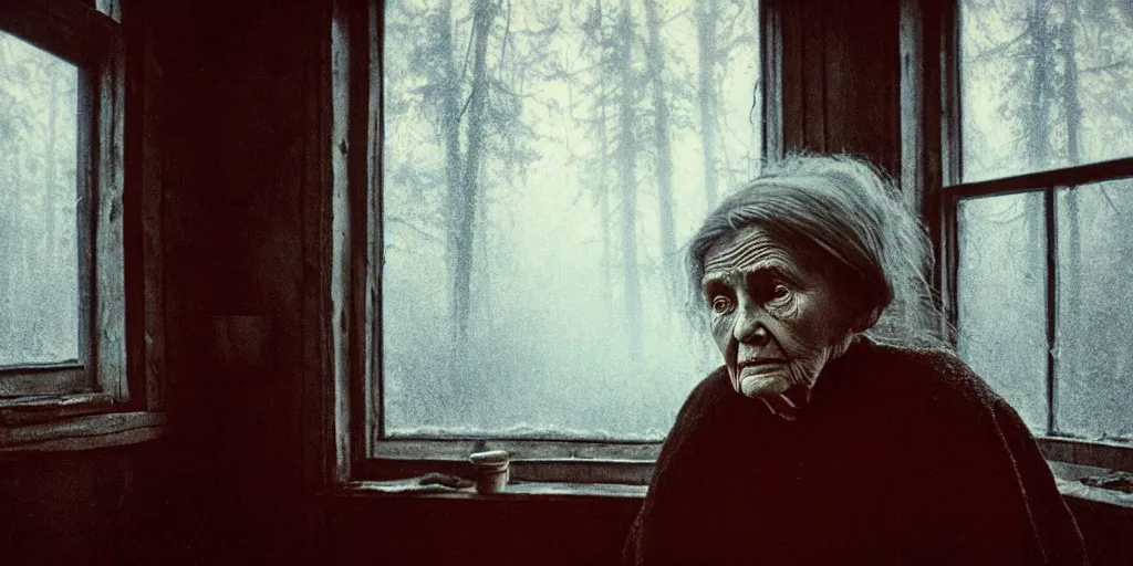 Image similar to portrait bust of old woman, solemn expression, faded color film, russian cinema, tarkovsky, kodachrome, inside old cabin, next to window, heavy forest outside, long brown hair, old clothing, heavy fog, blue hour, hudson river school, 4 k, dramatic lighting, greg rutkowski
