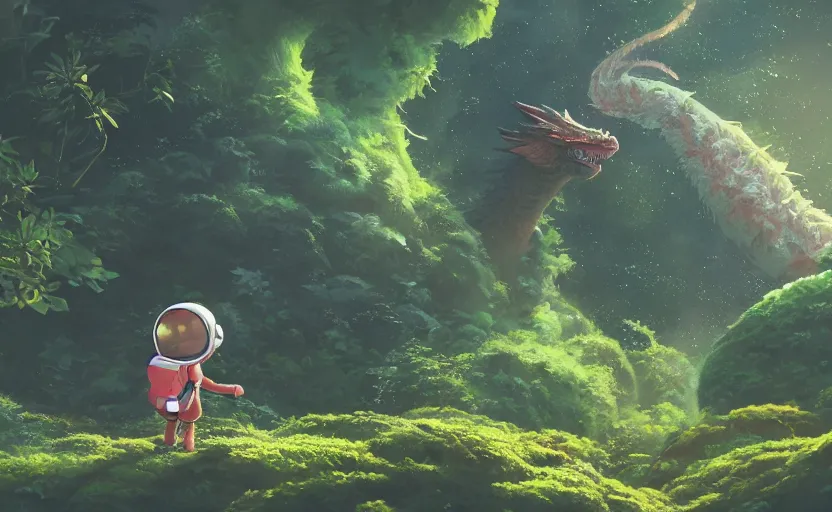 Image similar to a still of a cute adorable tiny astronaut, on a planet of lush foliage, with an enormous kaiju dragon surrounding, magical forest, sharp focus, neon backlit, highly detailed, disney pixar studio ghibli makoto shinkai, digital painting, matte, octane render, global illumination, iridescent, anime, 8 k concept art