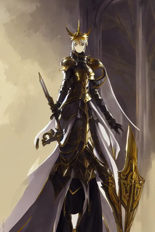 Image similar to anime key visual concept art of anime female knight standing in the doorway of a grand chapel, silver armor with gold trims, warscythe holstered on her back, trending on artstation, brush strokes, oil on canvas, style of kawacy and makoto shinkai and greg rutkowski and studio ghibli