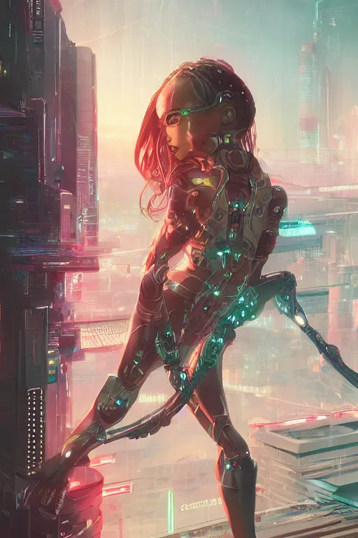 Image similar to portrait futuristic Cyber warrior Girl, in future cyberpunk tokyo rooftop , ssci-fi, fantasy, intricate, very very beautiful, elegant, neon light, highly detailed, digital painting, artstation, concept art, smooth, sharp focus, illustration, art by tian zi and WLOP and alphonse mucha