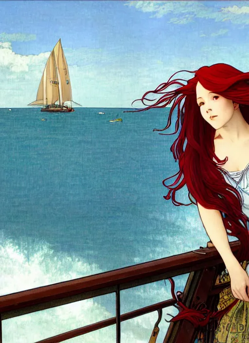 Image similar to a pretty young woman with long red hair blowing in the wind is leaning on the rail of a sailing ship, looking out to sea, path traced, highly detailed, high quality, digital painting, by studio ghibli and alphonse mucha, ron cobb, leesha hannigan, hidari, art nouveau, chiho aoshima, jules bastien - lepage